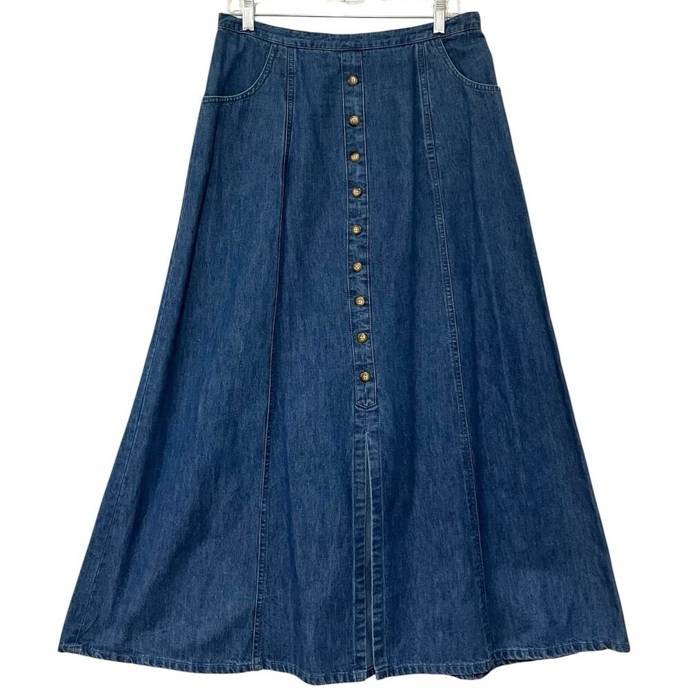 Vintage 90s Long Denim Skirt A-Line Maxi Jean Size 14 Buttons 100% Cotton USA